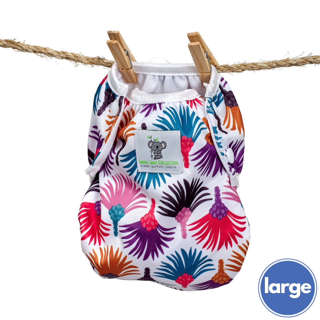 Reusable Swim Nappy- Carnival Feather LARGE