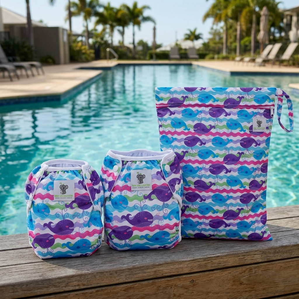 Grow With Me Bundle reusable swim nappies and large wet bag in purple whale print