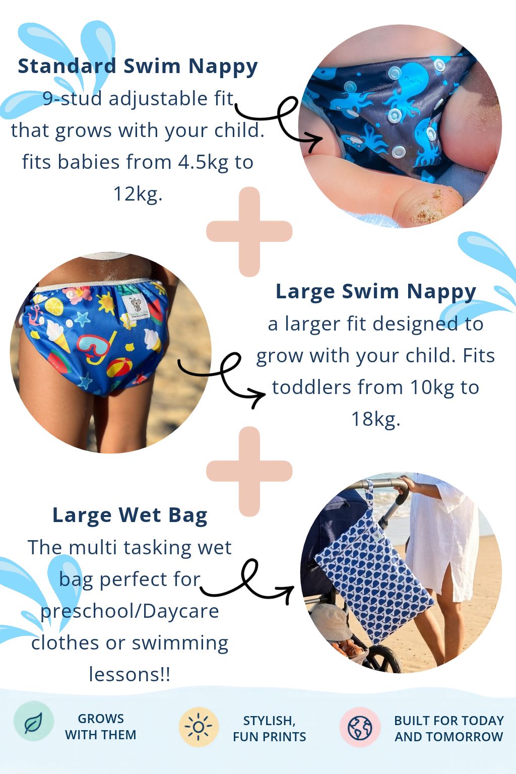 Grow With Me Bundle including standard swim nappy, large swim nappy and large wet bag