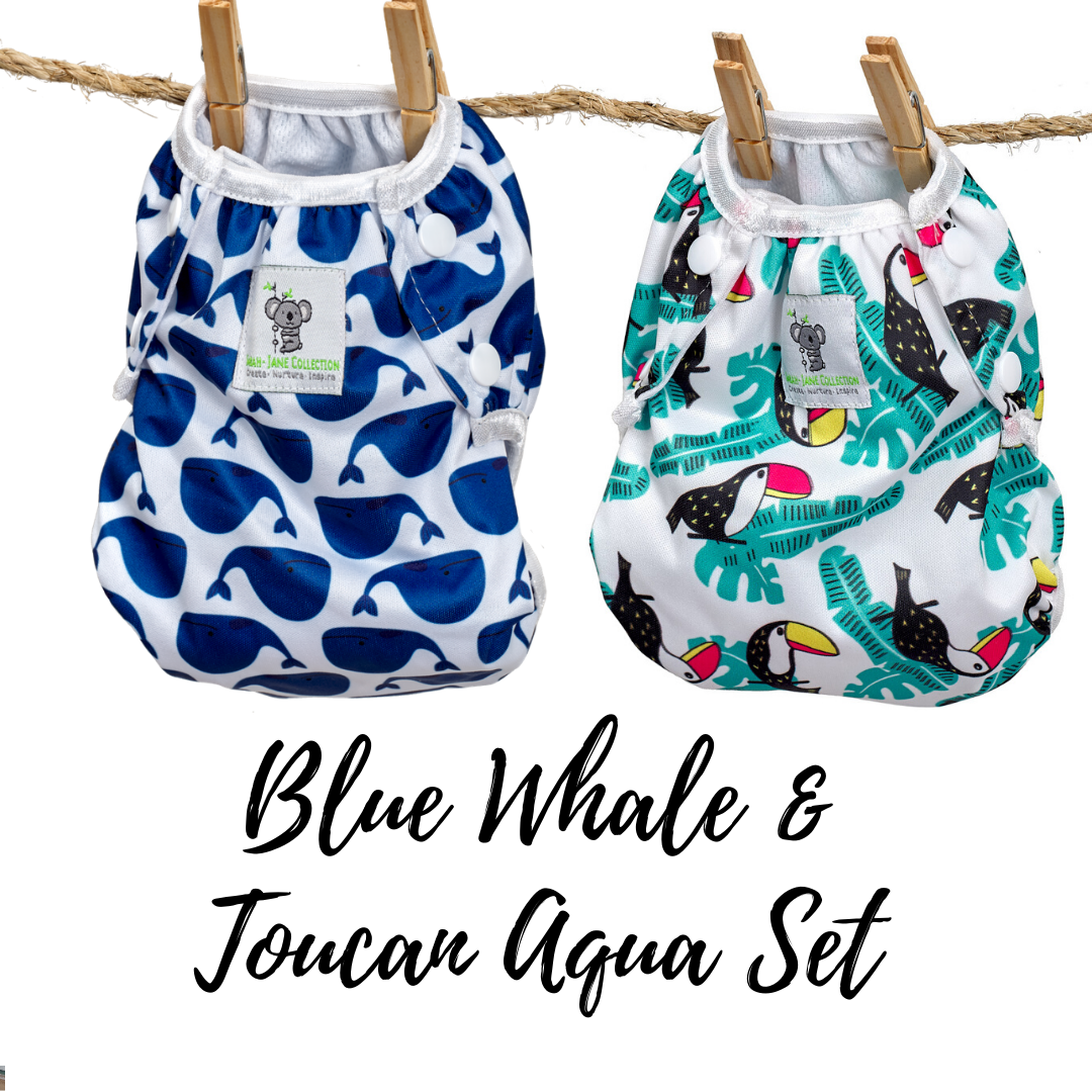Reusable Swim Nappy Bundle - Set of 2 - Blue Whale & Toucan Aqua