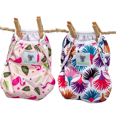 Reusable Swim Nappy Bundle- Set of 2 Large - Flamingo & Carnival Feather