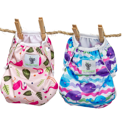 Reusable Swim Nappy Bundle- Set of 2 - Flamingo & Purple Whale