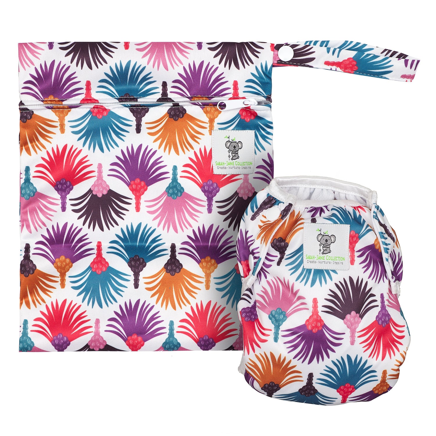 Reusable Swim Nappy & Waterproof Wet Bag- Carnival Feather