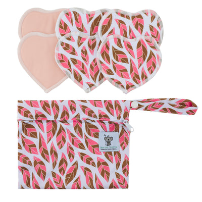 Nursing Pads & Wet Bag- Set of 6- Heart- Feather