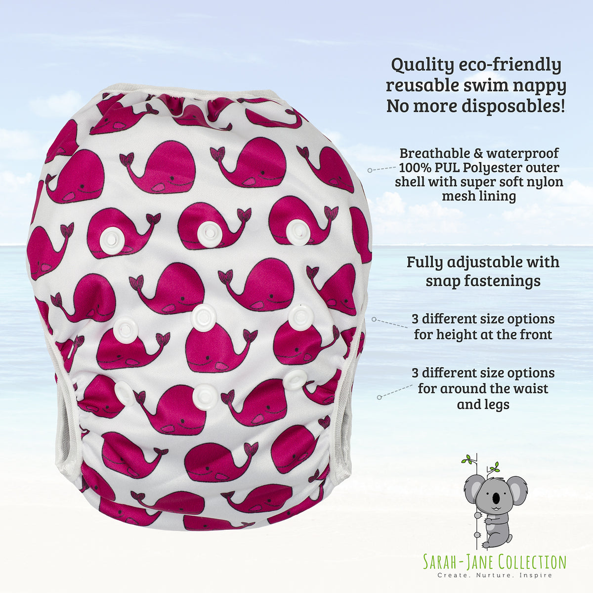 Reusable Swim Nappy & Waterproof Wet Bag- Fuschia Pink Whale