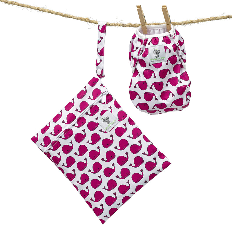 Reusable Swim Nappy & Waterproof Wet Bag- Fuschia Pink Whale