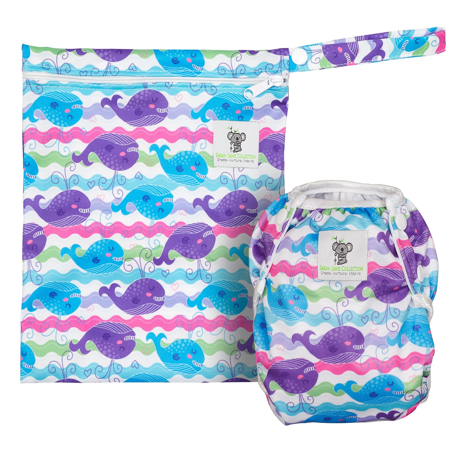 Reusable Swim Nappy & Waterproof Wet Bag - Purple Whale