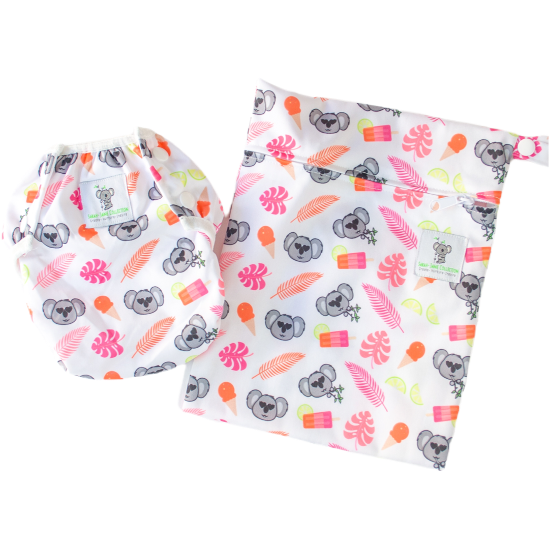 Reusable Swim Nappy & Waterproof Wet Bag- Pink Koala